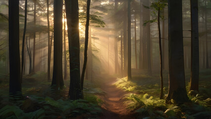 Embracing the Serene Beauty of Nature's Awakening with the Soft Glow of Sunshine with a Dirt Path.