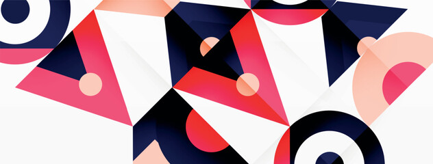 A dynamic textile featuring a geometric pattern of red, white, and electric blue triangles and rectangles on a white background. A striking design in creative arts