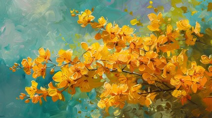 Fototapeta na wymiar Yellow Floral Artwork on Turquoise Background