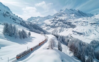 Aerial view of Train passing famous mountain in Filisur, Switzerland. express train in snowy winter landscape of Swiss Alps, very beautiful view
