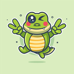 cute crocodile animal character mascot with peace sign hand gesture isolated cartoon 