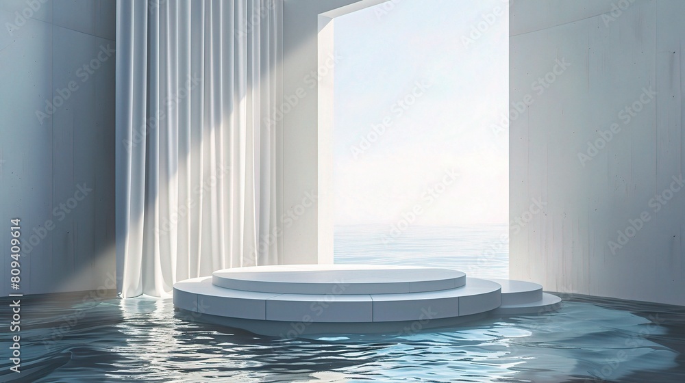 Poster empty podium on water with waving curtains, creating a realistic and tranquil environment for presen
