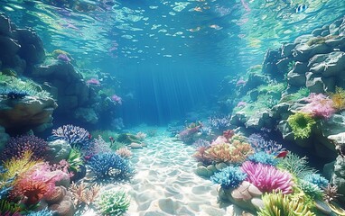 Naklejka premium A beautiful coral reef dropoff, where the shallow reef suddenly plunges into the deep blue abyss