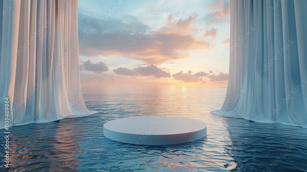 Poster empty podium on water with waving curtains, creating a realistic and tranquil environment for presen