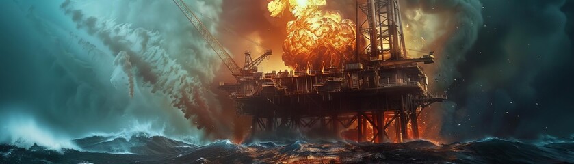 Shocking scene of an offshore oil rig midexplosion, intense fire engulfing the structure with ocean waves crashing around