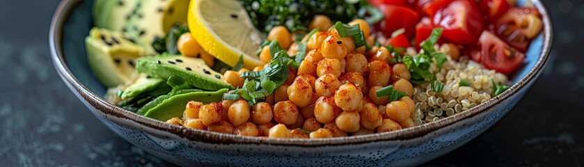 A colorful salad bowl filled with fresh vegetables, avocado, quinoa, and a drizzle of lemon vinaigrette