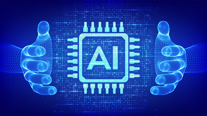 AI. Artificial intelligence. AI icon made with binary code in wireframe hands. Binary data and streaming digital code background. Matrix background with digits 1.0. Vector illustration.