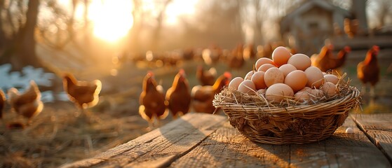 A close shot of wicker basket of eggs on wooden table with a blurry backdrop of chickens and nature backdrop, Generative AI. - Powered by Adobe