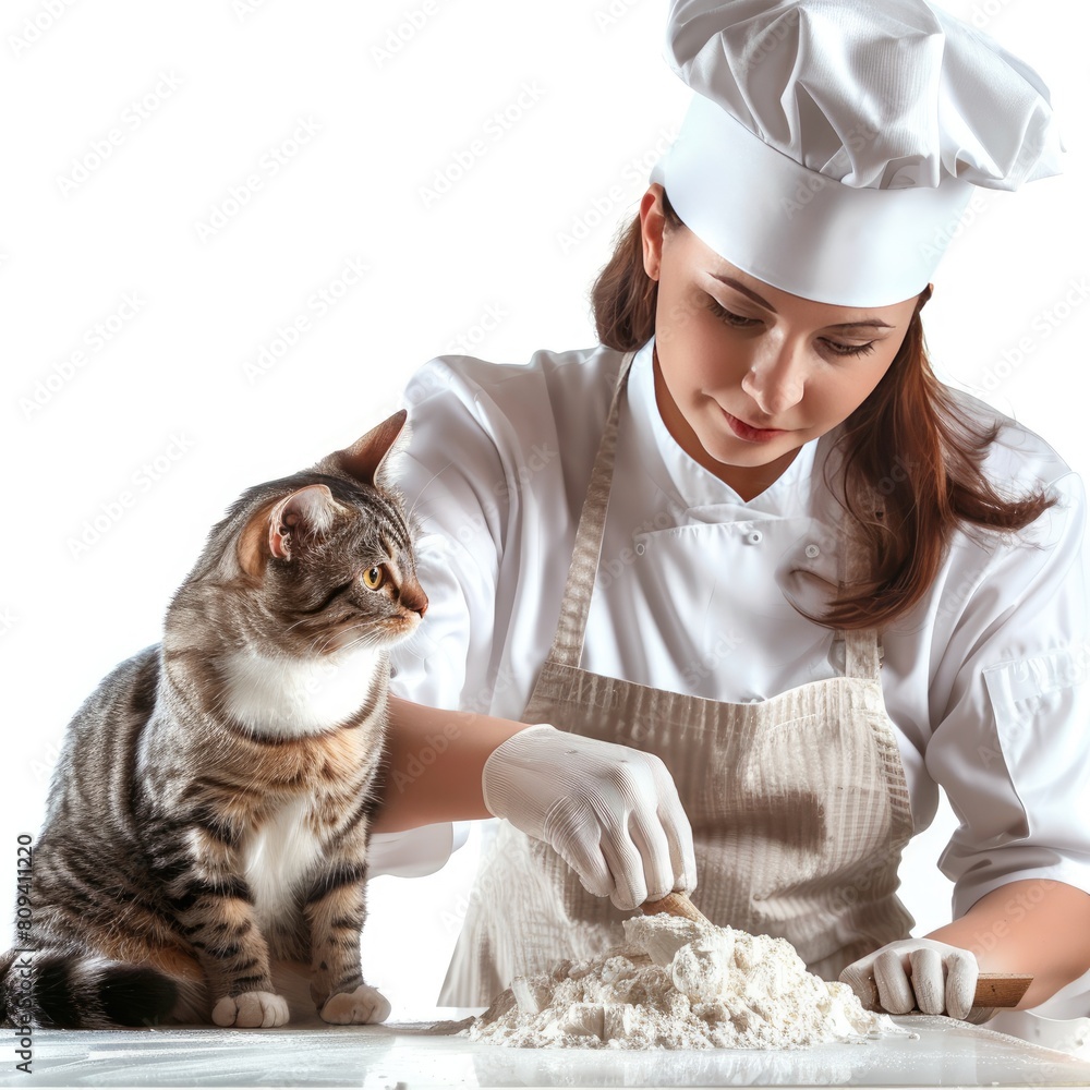 Wall mural picture of a cooking show host preparing a recipe, with a lovely cat sitting on the counter nearby,  - Wall murals