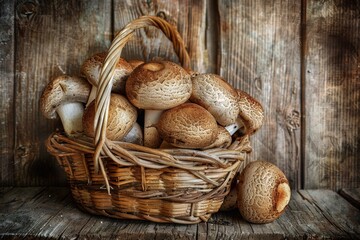 Fresh Shiitake Mushrooms in a Rustic Wicker Basket