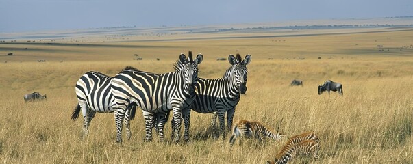 A family of zebras grazing together on the open plains, with wildebeest and gazelles in the background