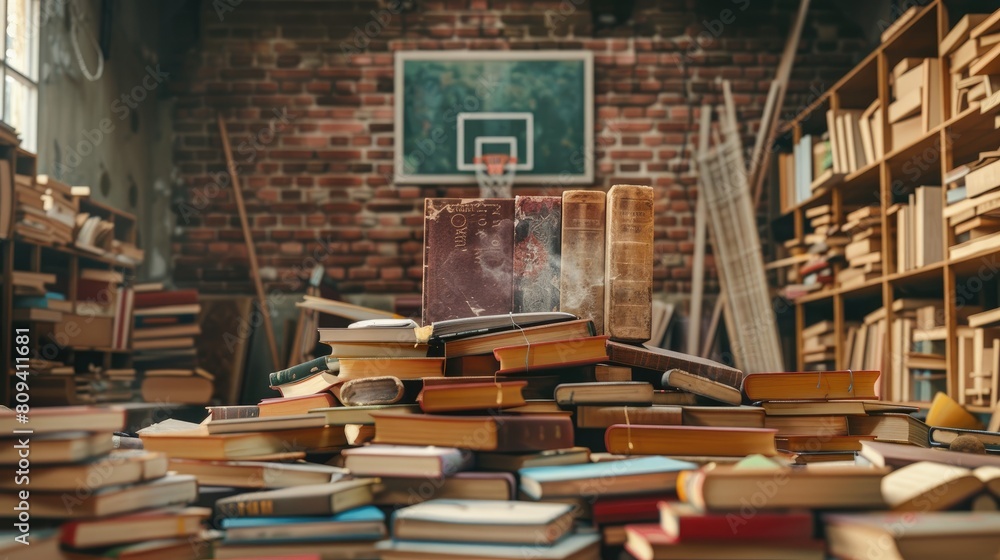 Poster knowledge construction and books piled up with backboard in the background