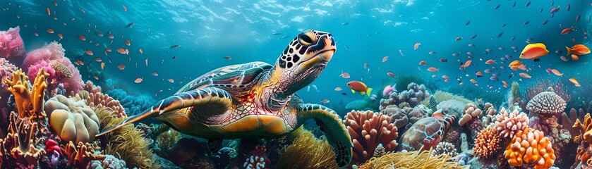 A group of sea turtles grazing on seagrass beds near a colorful coral reef teeming with marine life - Powered by Adobe