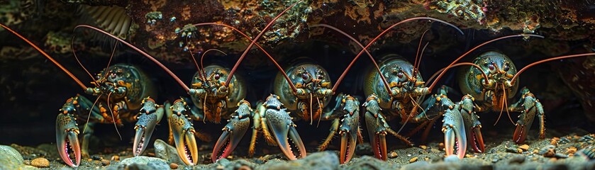 A group of spiny lobsters hiding under a rocky overhang, with their antennae protruding outwards - obrazy, fototapety, plakaty