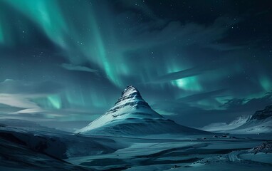 Northern Lights, Aurora borealis at Kirkjufell in Iceland. Kirkjufell Mountains in winter, stunning view