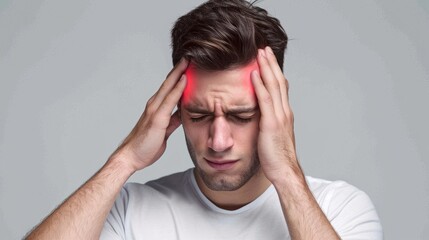 Young male experiencing head pain against a grey backdrop