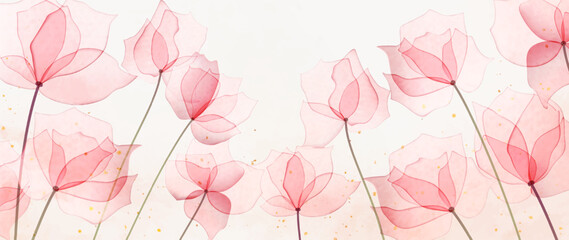 Luxury abstract floral art background with pink transparent flowers in watercolor style. Botanical banner for decoration, print, wallpaper, textile, interior design, poster.