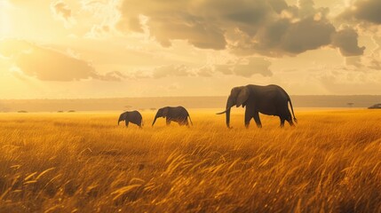 scene of a family of elephants wandering through the golden grasslands of the savannah,  