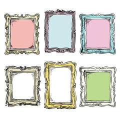 Hand drawn ornate frames colorful set, vintage decorative borders, classic elegant frame collection. Six various frame designs artistic sketch, colorful gallery wall decor, empty frames. Colored