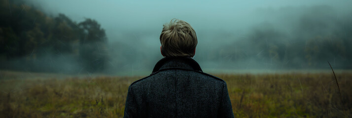 man in the middle of a foggy field, turns his back to the camera