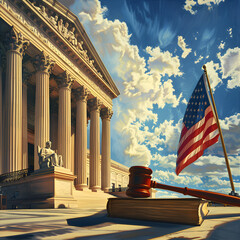 Symbolic Representation of US Laws: The Supreme Court, Law Book, Gavel, and American Flag