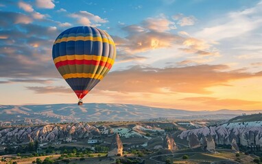 Fototapeta premium Colorful hot air balloons flying over Cappadocia, Türkiye, breathtaking views