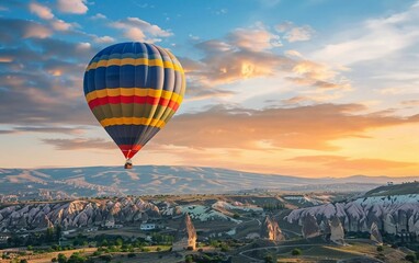 Colorful hot air balloons flying over Cappadocia, Türkiye, breathtaking views