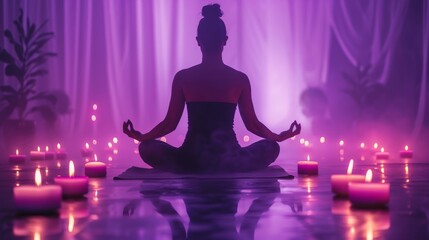 Person Meditating in Lotus Position Surrounded by Candles on a Purple Background, Capturing a Calm and Peaceful Atmosphere in Hyper-Realistic Wide Shot Photography