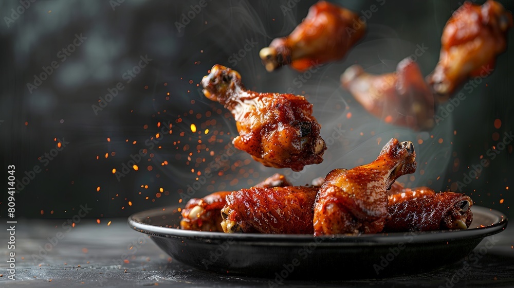 Wall mural Floating Chicken Wings: Showcase succulent and tender chicken wings hovering above a plate, ready to tantalize taste buds.