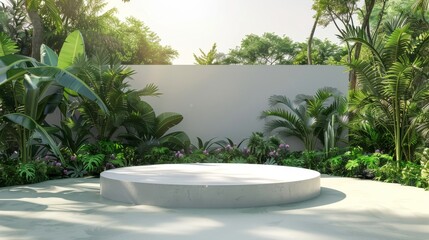 Stone product display podium for cosmetic product with green nature garden background