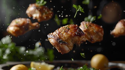 Floating Chicken Sensation: Create a captivating image of chicken thighs suspended in mid-air, evoking anticipation and appetite.