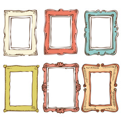 Handdrawn picture frames colorful detailed artwork. Six empty frames various shapes colors, ornamental classic design. Collection different rectangular frames, artistic doodle style