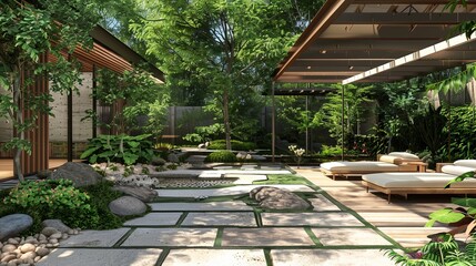 Garden Oasis: Illustrate the beauty of a serene garden home, where nature blends seamlessly with comfortable living spaces.