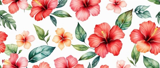 artistic background with watercolor textured hibiscus tropical flowers illustration over white background.