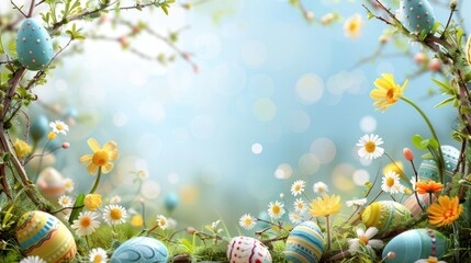 A Vibrant Easter Egg Hunt in a Blossoming Garden