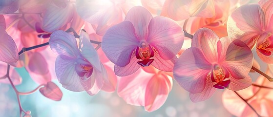 A vibrant and colorful x ray or illustration of beautiful orchid flowers perfect for background or a landscape type of product printing backdrop, Generative AI.