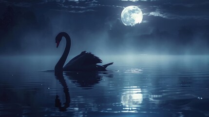 Serene swan under moonlight on misty lake