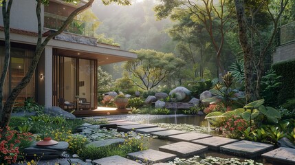 Obraz premium Nature's Retreat: Capture the allure of a garden home nestled amidst vibrant flora, a tranquil retreat from urban life.