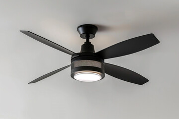 A contemporary black ceiling fan with a sleek design and dimmable LED lighting isolated on a solid white background.