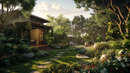 Nature's Retreat: Capture the allure of a garden home nestled amidst vibrant flora, a tranquil retreat from urban life.