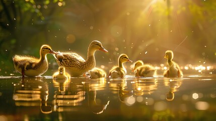 group of golden ducks in lake - Powered by Adobe