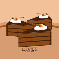 National Devil's Food Cake Day event banner. Three slices of chocolate cake with cream topping and cherries on light brown background to celebrate on May 19th