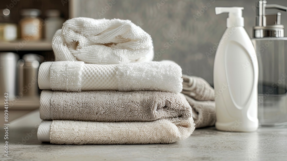 Poster soft and fluffy: a stack of towels displayed next to a bottle of fabric softener, highlighting their
