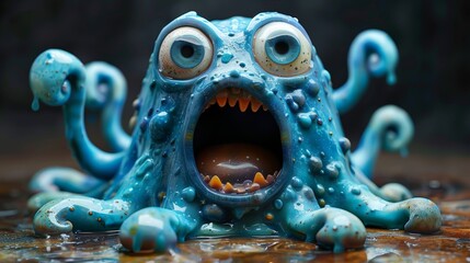 Obraz premium Whimsical blue monster toy emerging from water