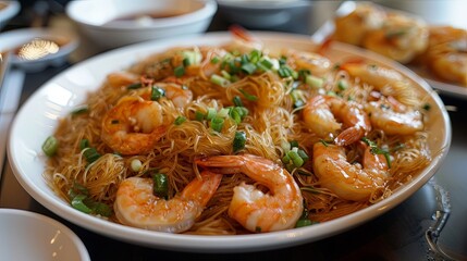Tasty Seafood Fare: Irresistible shrimp and wok-tossed vermicelli, a satisfying dish bursting with flavor.
