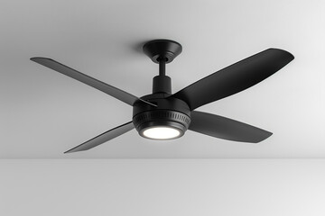 A contemporary black ceiling fan with a minimalist design and integrated LED lighting isolated on a solid white background.