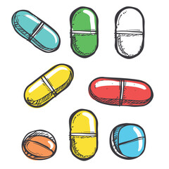 Handdrawn pills capsules collection. Colorful medication pharmaceutical drugs sketched. Health care medicine themed graphic