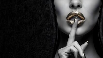 A striking black-and-white photograph featuring a woman's lips, painted boldly with gold lipstick. Her index finger, adorned with matching gold nail polish, is raised to her lip in a shushing gesture
