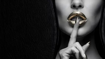 A striking black-and-white photograph featuring a woman's lips, painted boldly with gold lipstick. Her index finger, adorned with matching gold nail polish, is raised to her lip in a shushing gesture © idris