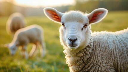 Young Lamb and Sheep Feeding on Pasture